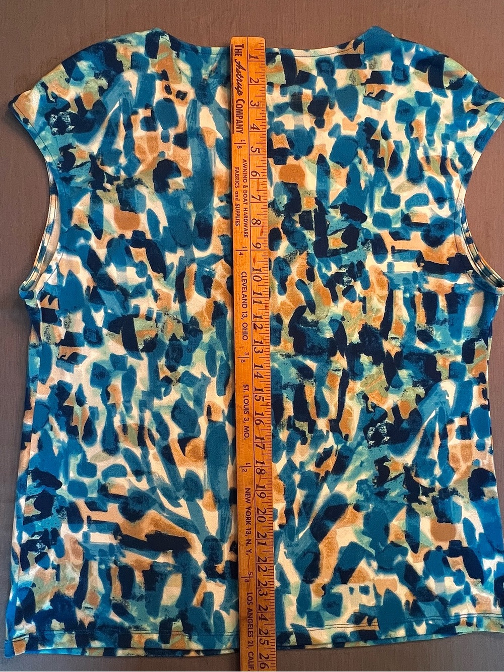 Ann Taylor Blue Teal and Tan Abstract Cap-Sleeve Top - Picture 4 of 6